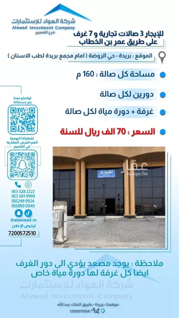 محل للإيجار في شارع عمر بن الخطاب الفرعي, حي الروضة, مدينة بريده, منطقة القصيم