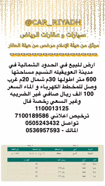أرض للبيع في شارع مجمع الانصاري, حي النسيم, مدينة العويقيله, منطقة الحدود الشماليه صورة 3