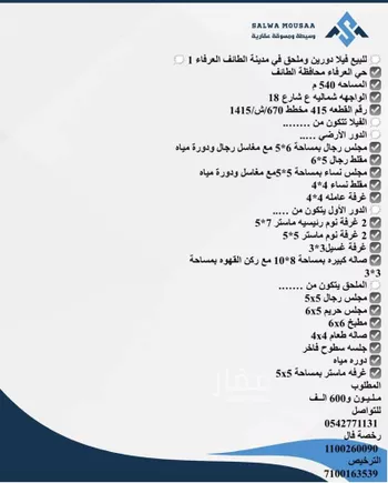فيلا للبيع في شارع بحسل الواسطي, حي العرفاء الغربية, مدينة امارة منطقة مكة المكرمة - الطائف, منطقة مكة المكرمة صورة 2