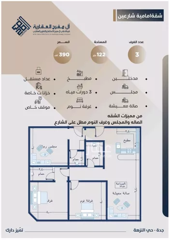 شقة للبيع في شارع ابو اسحاق الطلحي, حي النزهة, مدينة جدة, منطقة مكة المكرمة صورة 3