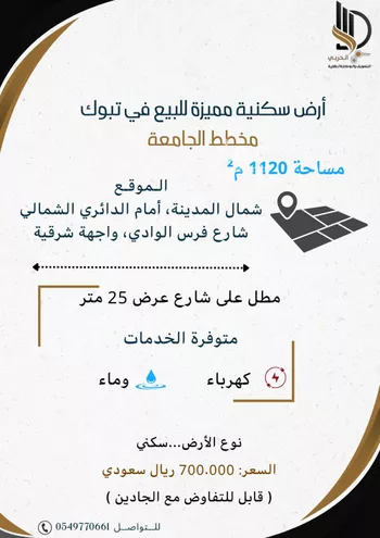 أرض للبيع في شارع فرس الوادي, حي الجامعة, مدينة تبوك, منطقة تبوك
