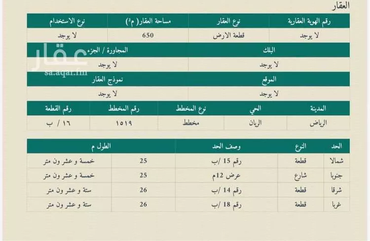 أرض للبيع في شارع الرهوة, حي الريان, مدينة الرياض, منطقة الرياض صورة 2