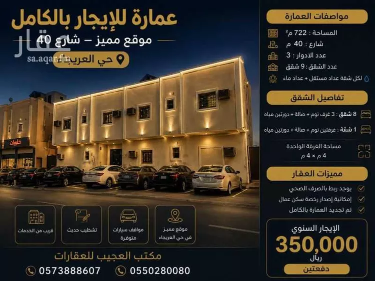 عمارة للإيجار في شارع يزيد بن ابي سفيان, حي العريجاء الأوسط, مدينة الرياض, منطقة الرياض