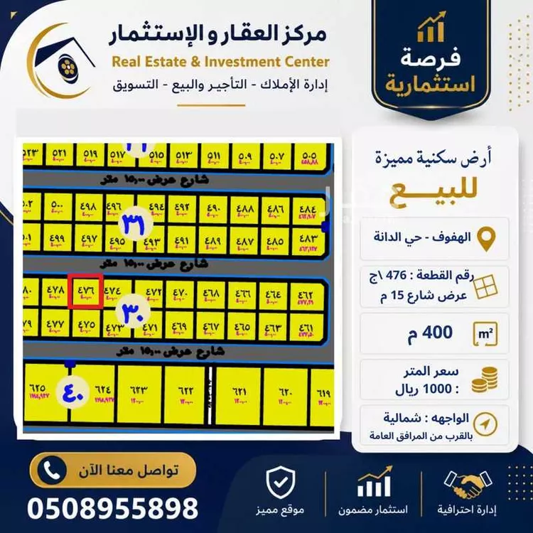 أرض للبيع في شارع علاء الدين الأنصاري, حي الإسكان الثاني, مدينة الاحساء, المنطقة الشرقية