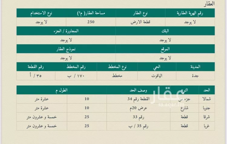 أرض للبيع في شارع أبو بكر بن عمر, حي الياقوت, مدينة جدة, منطقة مكة المكرمة صورة 2