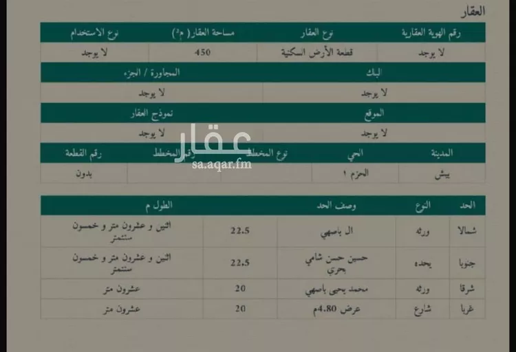 أرض للبيع في شارع ثابت ابن صهيب ابن كرز, حي الحزم 1, مدينة بيش, منطقة جازان