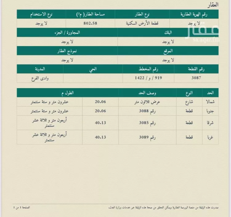 أرض للبيع في حي مخطط وادي  الفرع, مدينة وادي  الفرع, منطقة المدينة المنورة