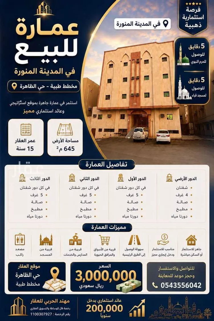 عمارة للبيع في شارع ابن الحطاب, حي الظاهرة, مدينة المدينة المنورة, منطقة المدينة المنورة