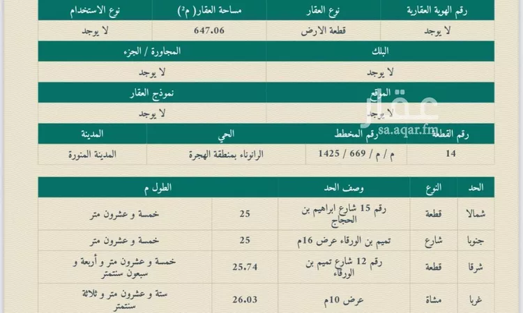 أرض للبيع في شارع تميم ابن الورقاء, حي بنى بياضة, مدينة المدينه المنوره, منطقة المدينة المنورة