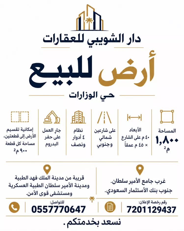 أرض للبيع في شارع رؤية بن العجاج, حي الوزارات, مدينة الرياض, منطقة الرياض