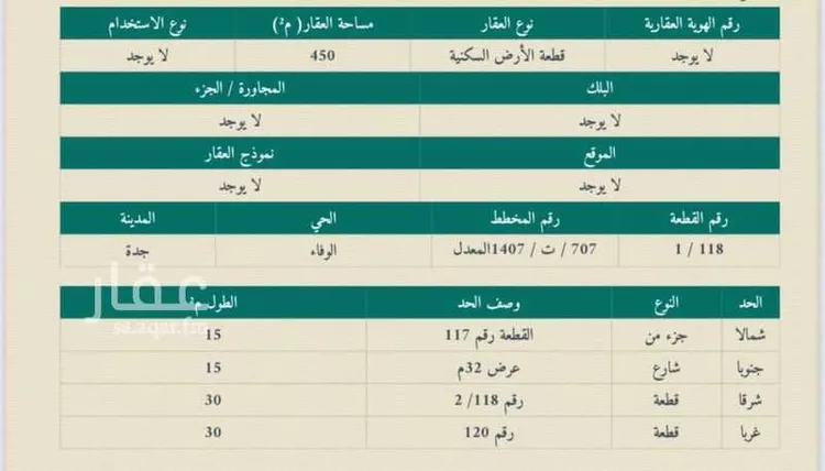 أرض للبيع في حي الوفاء, مدينة جدة, منطقة مكة المكرمة