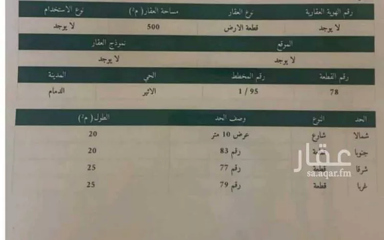 أرض للبيع في شارع سليمان بن الاثير, حي الأثير, مدينة الدمام, المنطقة الشرقية