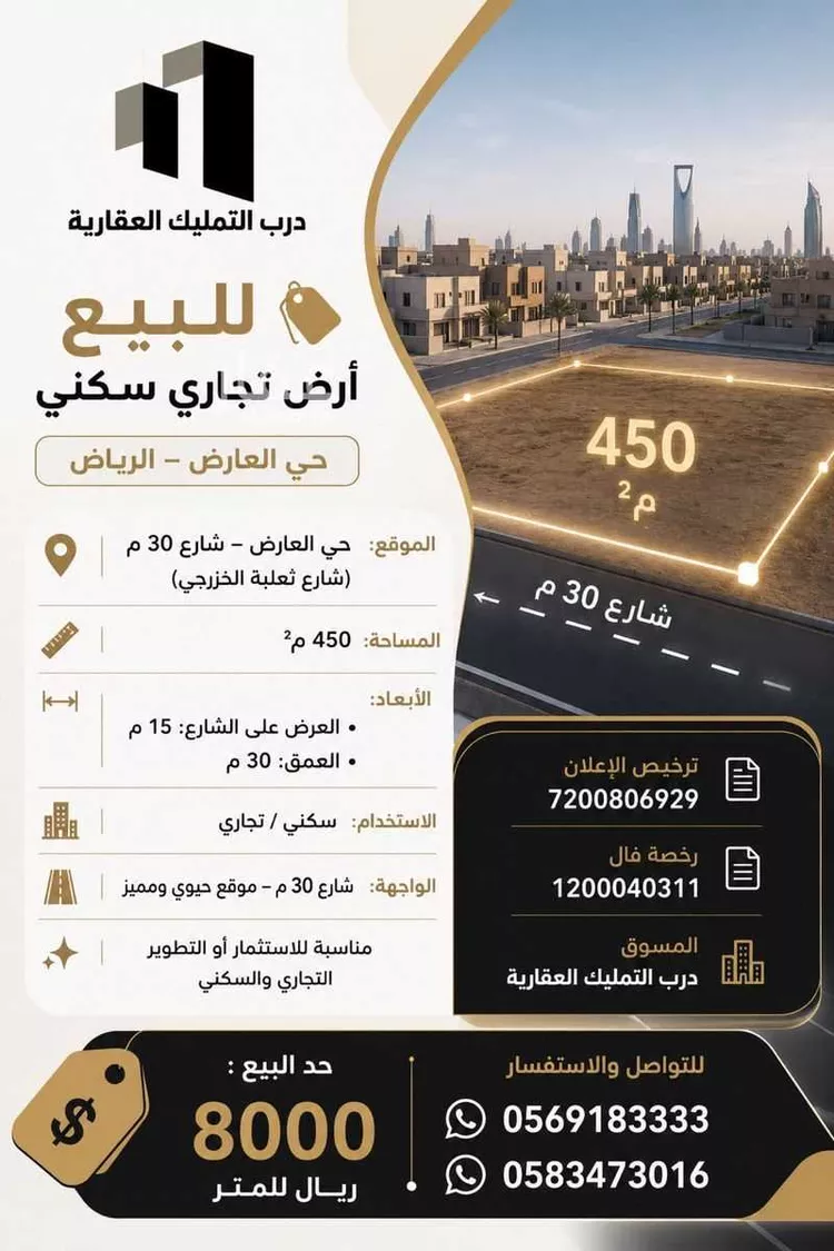 أرض للبيع في شارع ثعلبه بن سعد الخزرجي, حي العارض, مدينة الرياض, منطقة الرياض