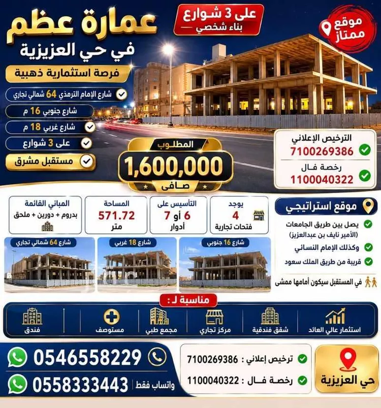 عمارة للبيع في شارع الترمذي, حي العزيزية, مدينة المدينة المنورة, منطقة المدينة المنورة