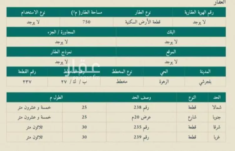 أرض للبيع في حي الجزيرة, مدينة الجنابين, منطقة الباحة