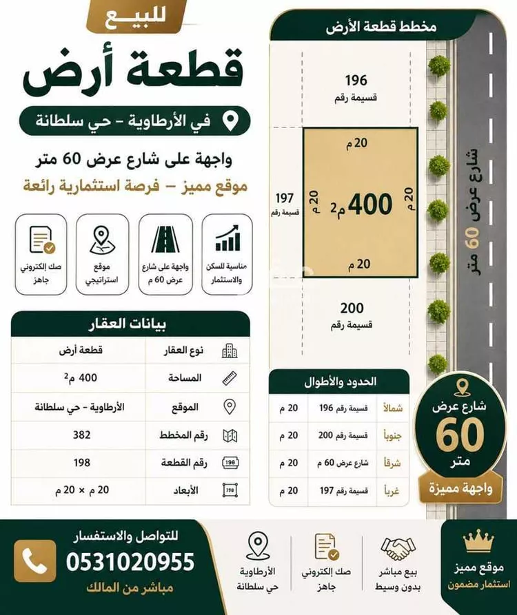 أرض للبيع في شارع عبدالعزيز ال سعود, حي سلطانة, مدينة الأرطاوية, منطقة الرياض