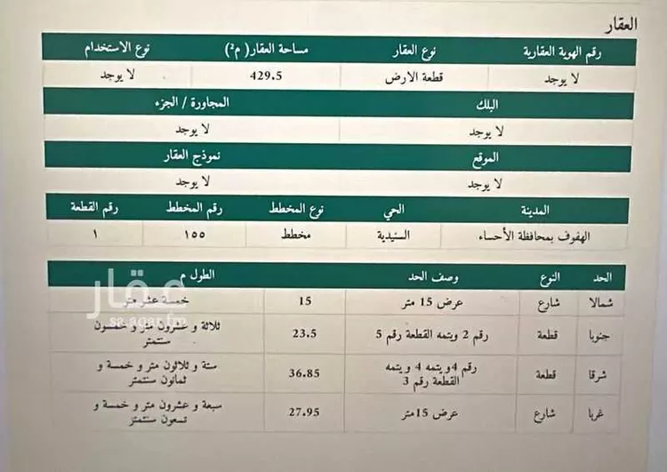 أرض للبيع في شارع شارع فاطمة بنت أبي طالب, حي السنيدية, مدينة الاحساء, المنطقة الشرقية صورة 2