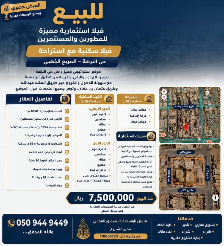فيلا للبيع في شارع فرحة بنت أبي سعد, حي النزهة, مدينة الرياض, منطقة الرياض