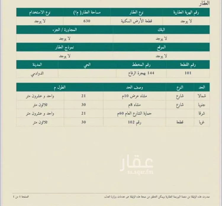 أرض للبيع في شارع ٦٠ متر وشارعين, حي الرفاع, مدينة الدوادمي - الرفاع, منطقة الرياض