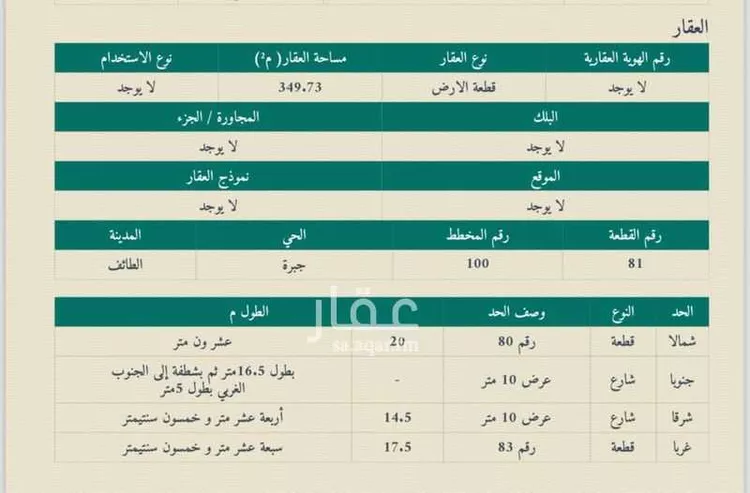 أرض للبيع في شارع متفرع من وادي وج, حي جبرة, مدينة امارة منطقة مكة المكرمة - الطائف, منطقة مكة المكرمة