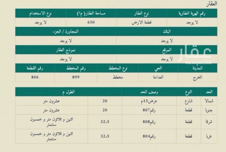 أرض للبيع في شارع الربيع ابن اياس ابن عمرو ابن عثمان , حي العدامة, مدينة الخرج, منطقة الرياض