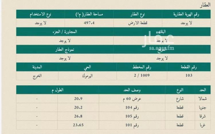 أرض للبيع في حي اليرموك, مدينة الخرج, منطقة الرياض
