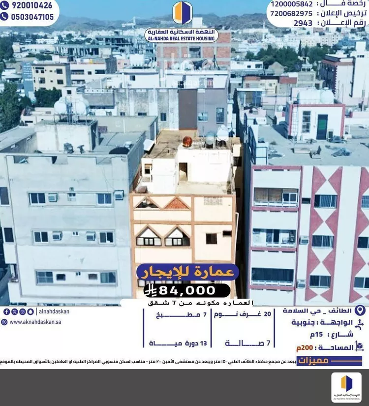 عمارة للإيجار في شارع قابوس ابن المنذر, حي السلامة, مدينة امارة منطقة مكة المكرمة - الطائف, منطقة مكة المكرمة