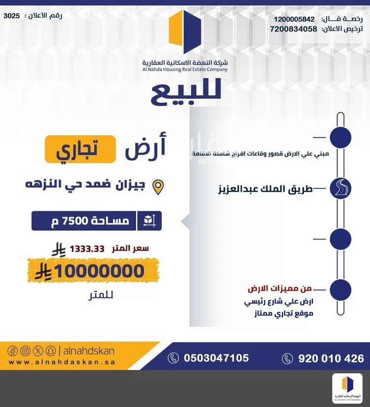 أرض للبيع في شارع عبدالعزيز ال سعود, مدينة ضمد, منطقة جازان