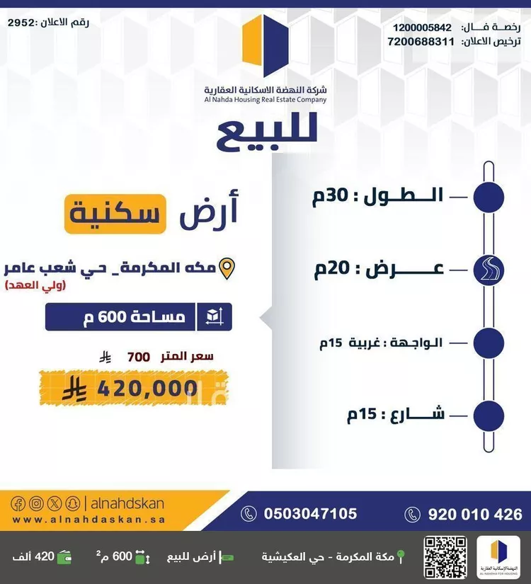 أرض للبيع في حي شعب عامر , مدينة مكه المكرمه, منطقة مكة المكرمة