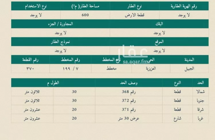 أرض للبيع في شارع العزيزية 100, حي العزيزية, مدينة الجبيل, المنطقة الشرقية صورة 2