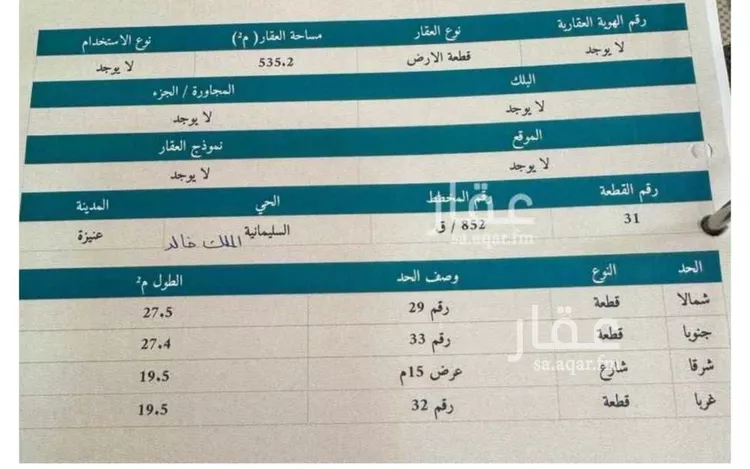 أرض للبيع في شارع يسيرة الأنصارية, حي الملك خالد, مدينة عنيزه, منطقة القصيم