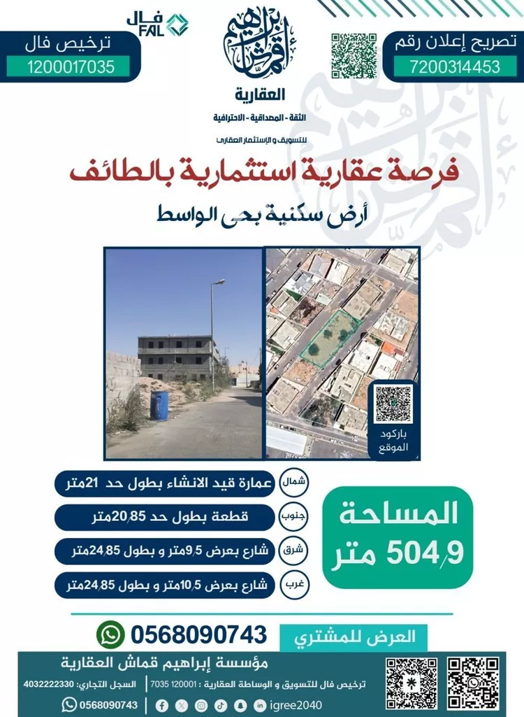 أرض للبيع في حي الواسط, مدينة امارة منطقة مكة المكرمة - الطائف, منطقة مكة المكرمة