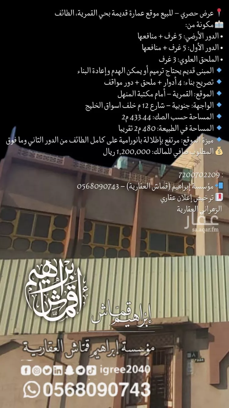 عمارة للبيع في شارع البرقي, حي القمرية, مدينة امارة منطقة مكة المكرمة - الطائف, منطقة مكة المكرمة