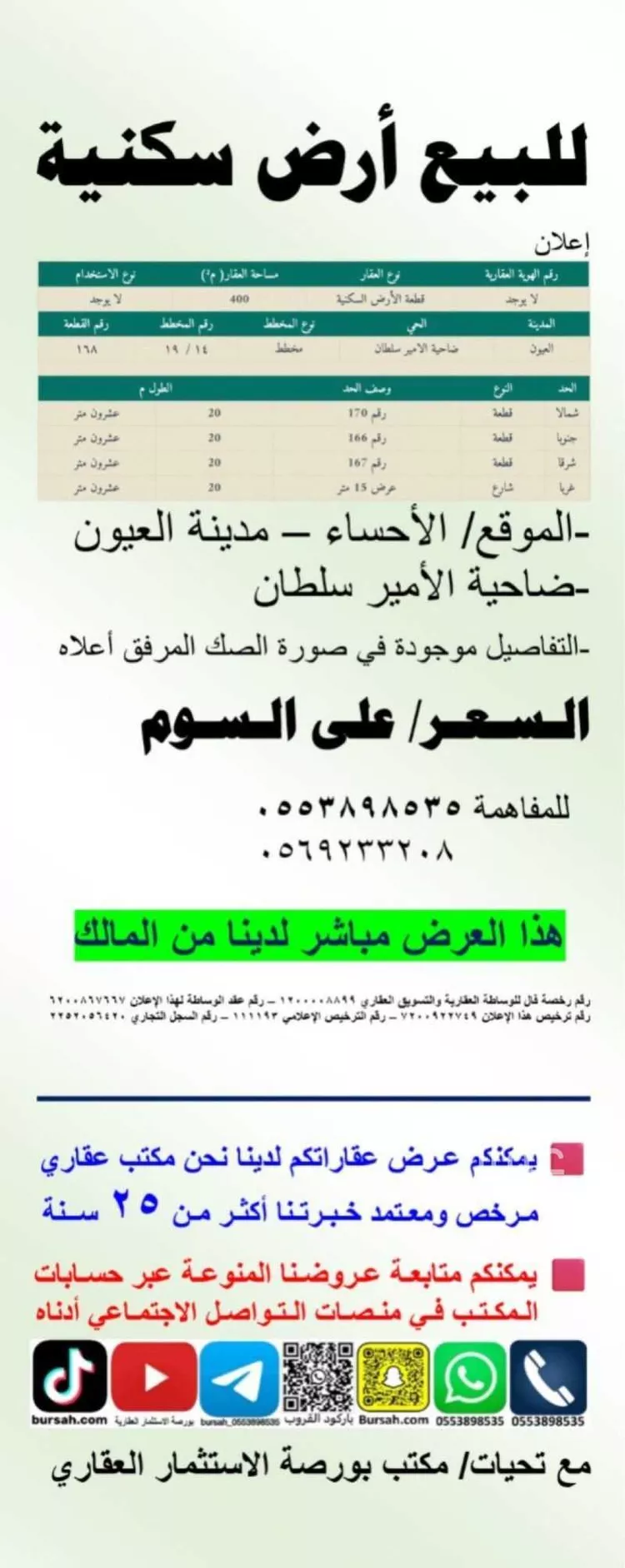 أرض للبيع في شارع عبادة بن رافع الأنصاري, حي ضاحية الامير سلطان الشمالية, مدينة العيون, المنطقة الشرقية