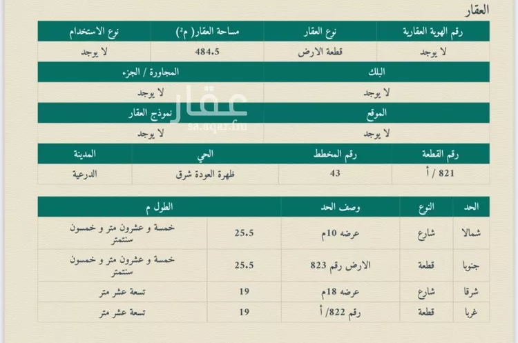 أرض للبيع في شارع ال صفيان, حي ظهرة العودة شرق, مدينة امارة منطقة الرياض - الدرعيه, منطقة الرياض