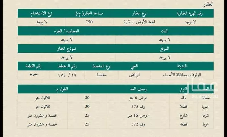 أرض للبيع في الشارع الخامس عشر ، حي الرياض الاول ، الجفر ، الاحساء