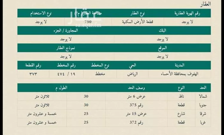 أرض للبيع في الشارع الخامس عشر ، حي الرياض الاول ، الجفر ، الاحساء