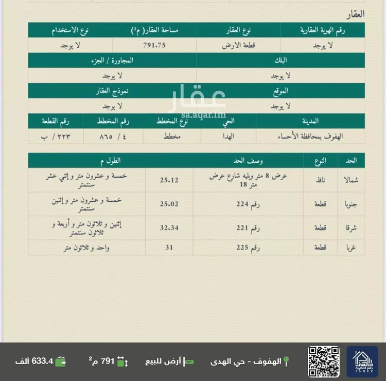 أرض للبيع في حي الهدى ، الهفوف