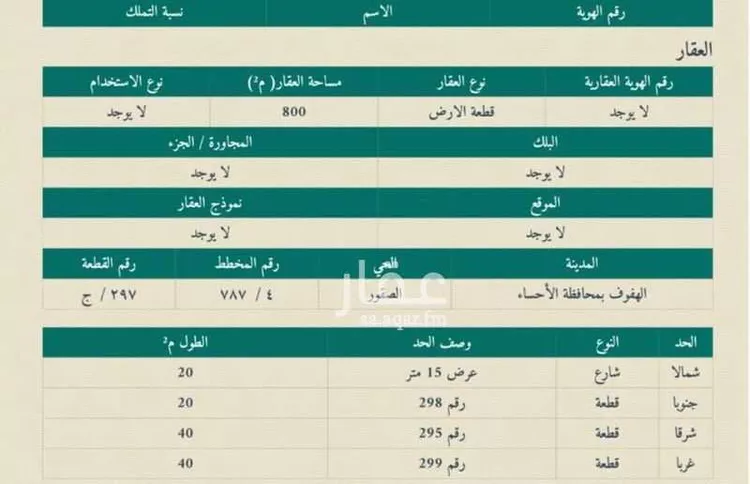 أرض للبيع في شارع البرهان ابن صالح, حي الصقور, مدينة الاحساء, المنطقة الشرقية