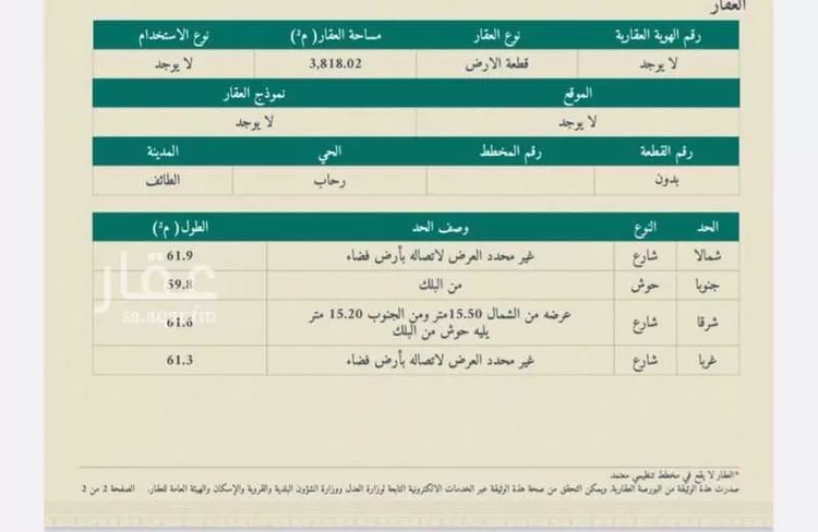 أرض للبيع في حي الرحاب, مدينة امارة منطقة مكة المكرمة - الطائف, منطقة مكة المكرمة