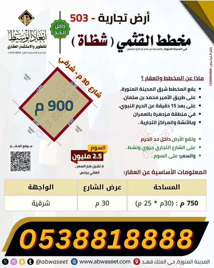 أرض للبيع في شارع عبدالله ابن الربيع, حي شظاة, مدينة المدينه المنوره, منطقة المدينة المنورة صورة 2