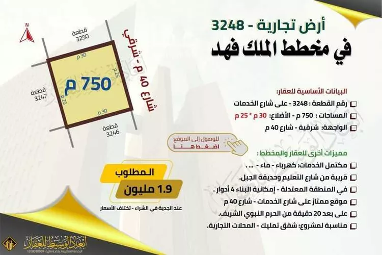 أرض للبيع في شارع نافع بن ثابت بن الزبير, حي الملك فهد, مدينة المدينه المنوره, منطقة المدينة المنورة صورة 3