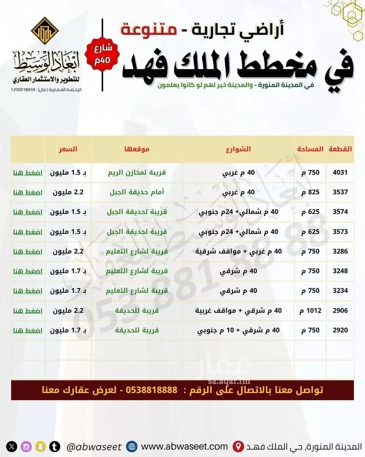 أرض للبيع في شارع ضرار الاسدى, حي الملك فهد, مدينة المدينه المنوره, منطقة المدينة المنورة صورة 2