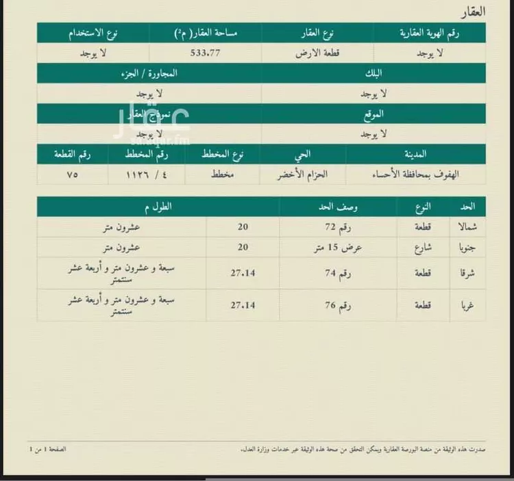 أرض للبيع في شارع عثمان بن عمر, حي الحزام الأخضر, مدينة الاحساء, المنطقة الشرقية