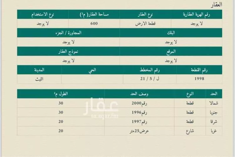 أرض للبيع في شارع علي المحتسب ، حي رقم 5 ، الليث ، الليث صورة 3