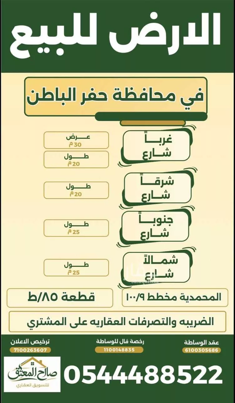 أرض للبيع في شارع سلمان الفارسي, حي المحمدية, مدينة حفر الباطن, المنطقة الشرقية صورة 2