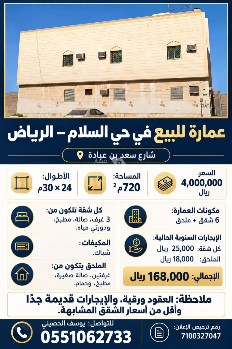 عمارة للبيع في شارع سعد بن عبادة, حي السلام, مدينة الرياض, منطقة الرياض