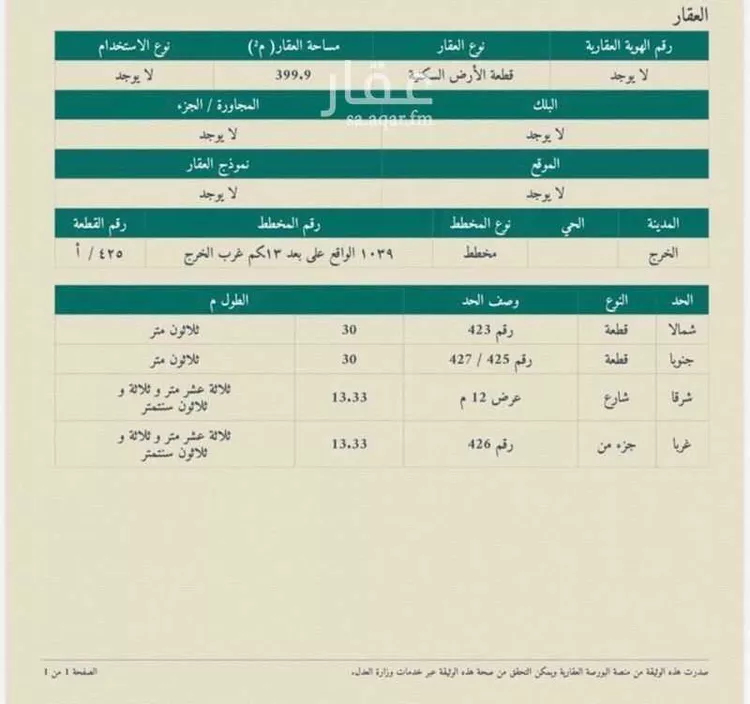 أرض للبيع في شارع علي ابن عاصم, حي العدامة, مدينة الخرج, منطقة الرياض صورة 2