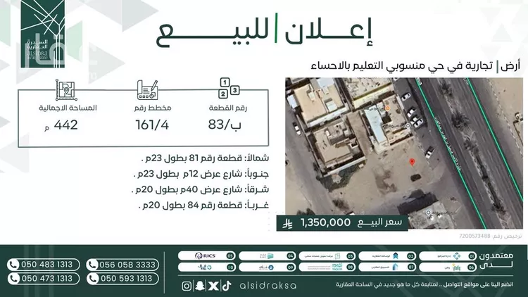 أرض للبيع في شارع طريق الأمير فيصل بن فهد, حي منسوبي التعليم الأول, مدينة الاحساء, المنطقة الشرقية
