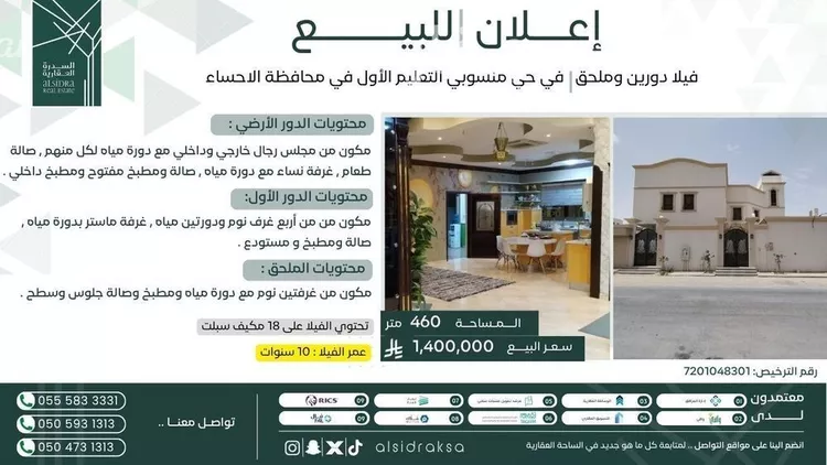 Villa for Sale in Al Hofuf Jonob Mansobi Al Taleem